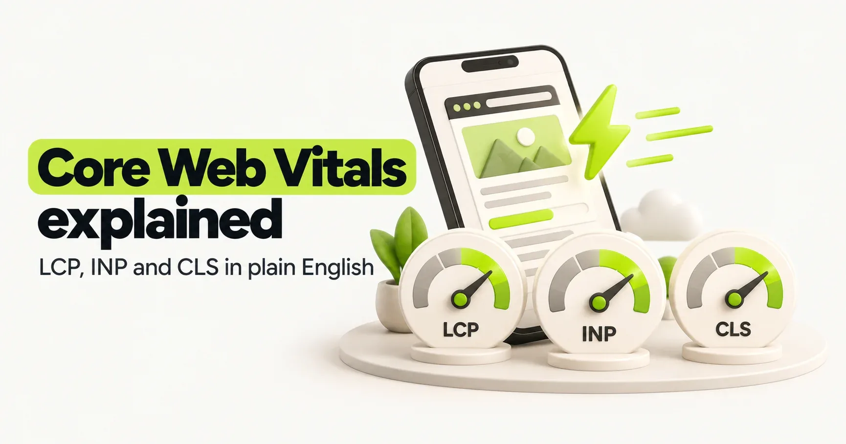 Thumbnail reading "Core Web Vitals explained: LCP, INP and CLS in plain English", with three gauges in the green zone beside a phone
