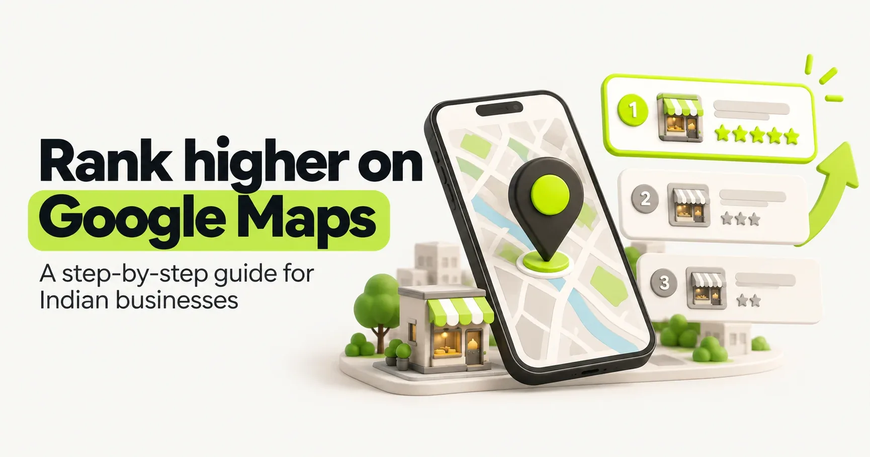 Thumbnail reading "Rank higher on Google Maps: a step-by-step guide for Indian businesses", with a phone map, a map pin and the top-ranked listing