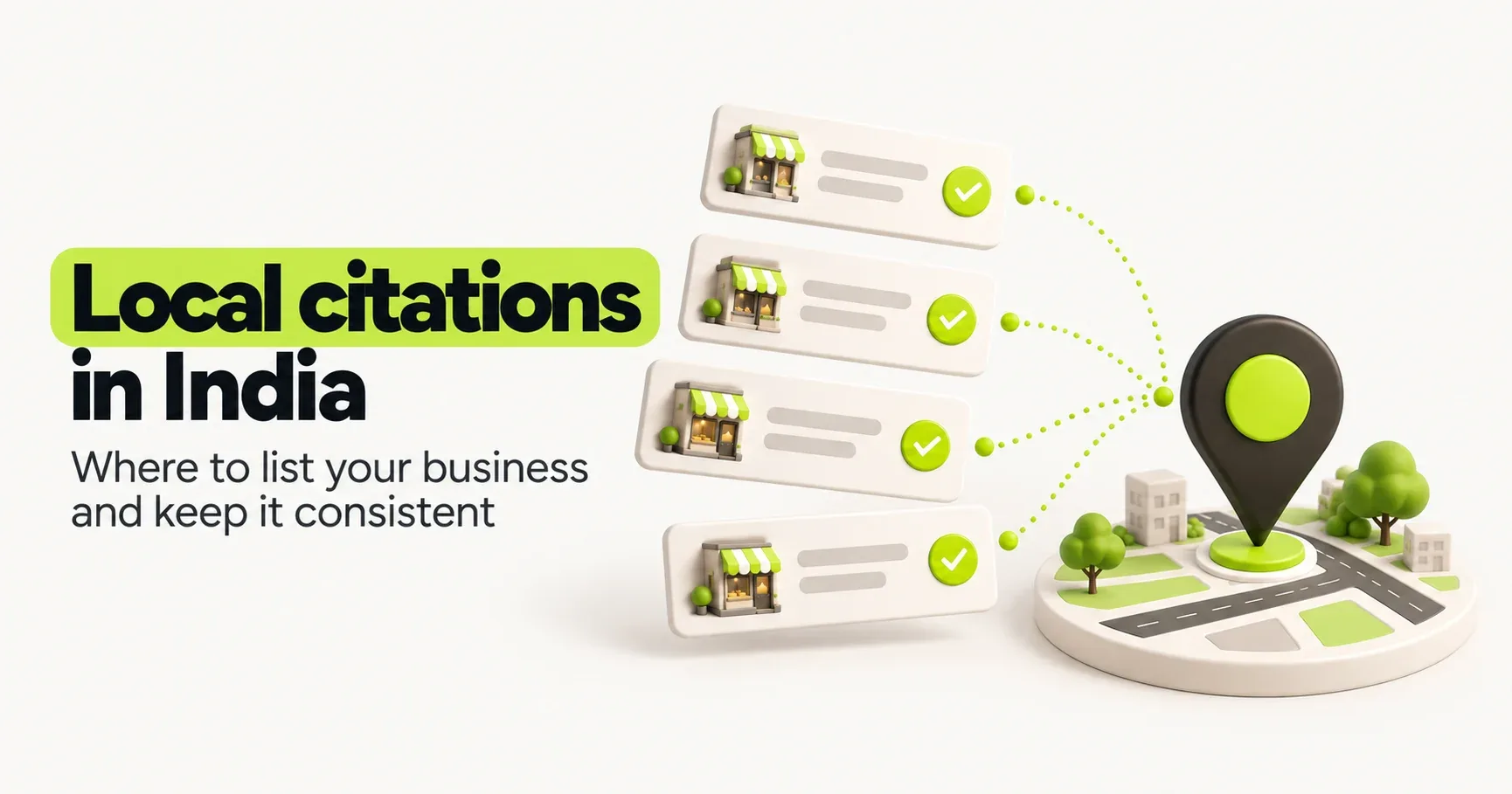 Thumbnail reading "Local citations in India: where to list your business and keep it consistent", with listing cards linked to a map pin